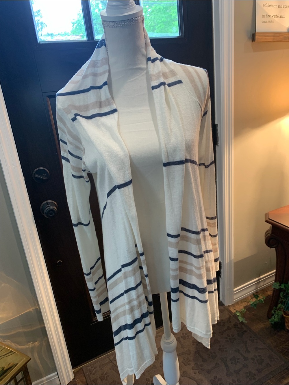 Artisan Ny Cream Open-Front Cardigan with Navy and Taupe Stripes
